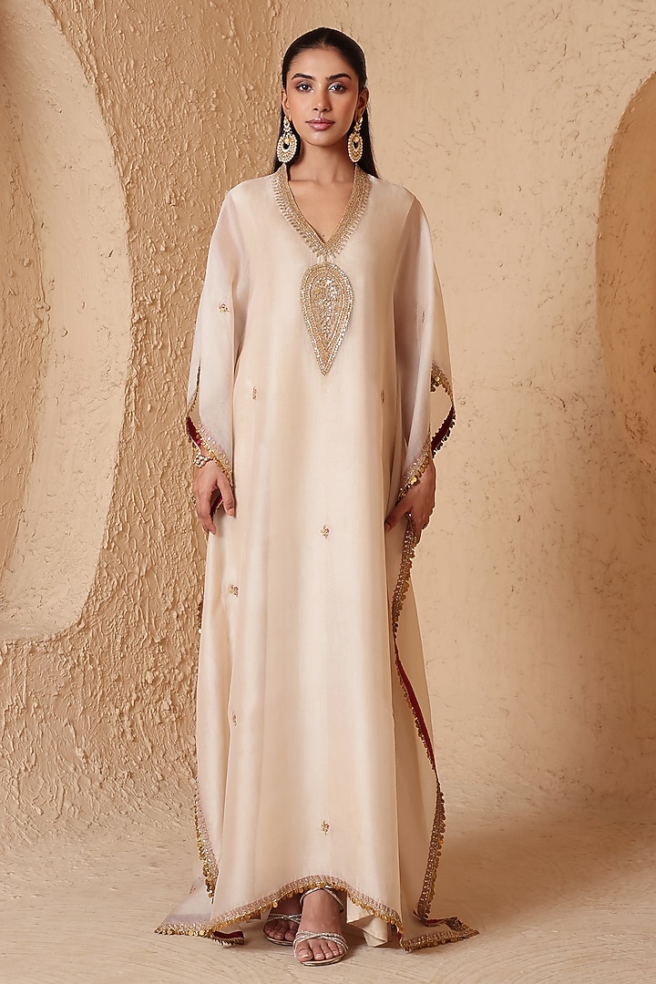  Ivory Organza Zardozi Embroidered Kaftan  by Niti Bothra at Pernia's Pop Up Shop