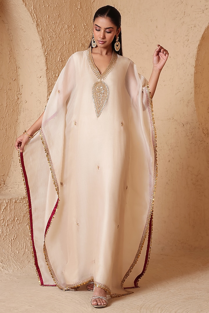  Ivory Organza Zardozi Embroidered Kaftan  by Niti Bothra at Pernia's Pop Up Shop