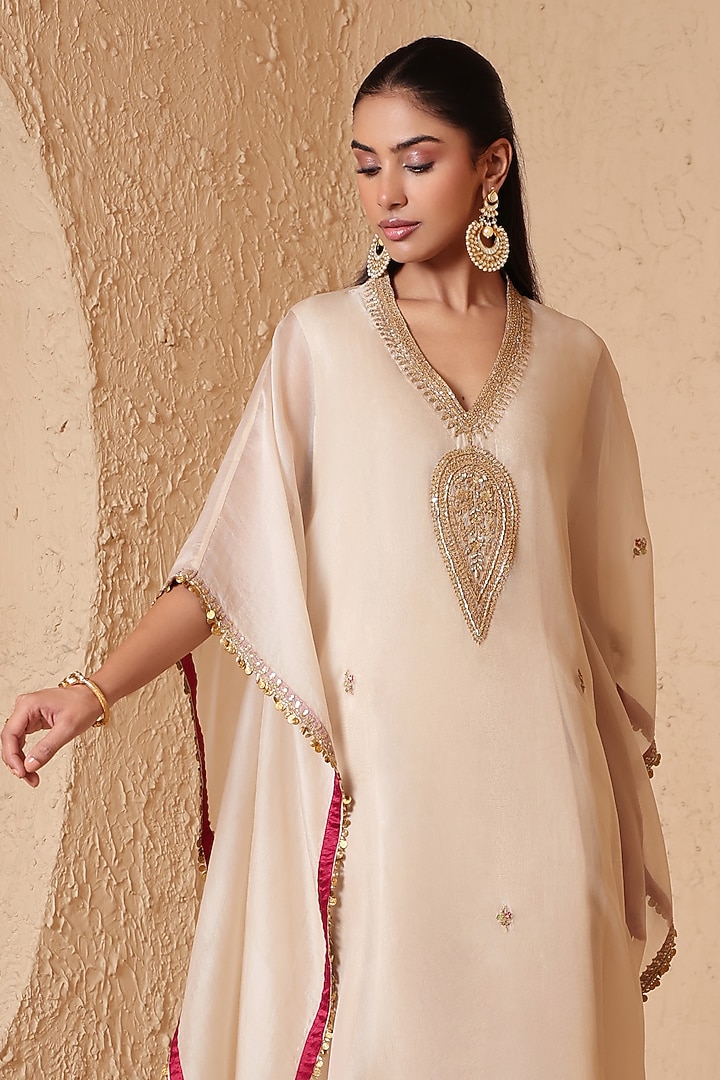  Ivory Organza Zardozi Embroidered Kaftan  by Niti Bothra at Pernia's Pop Up Shop