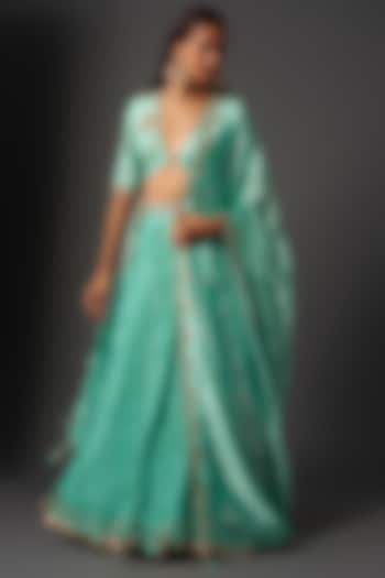 Blue Crushed Silk Embroidered Wedding Lehenga Set by Niti Bothra at Pernia's Pop Up Shop