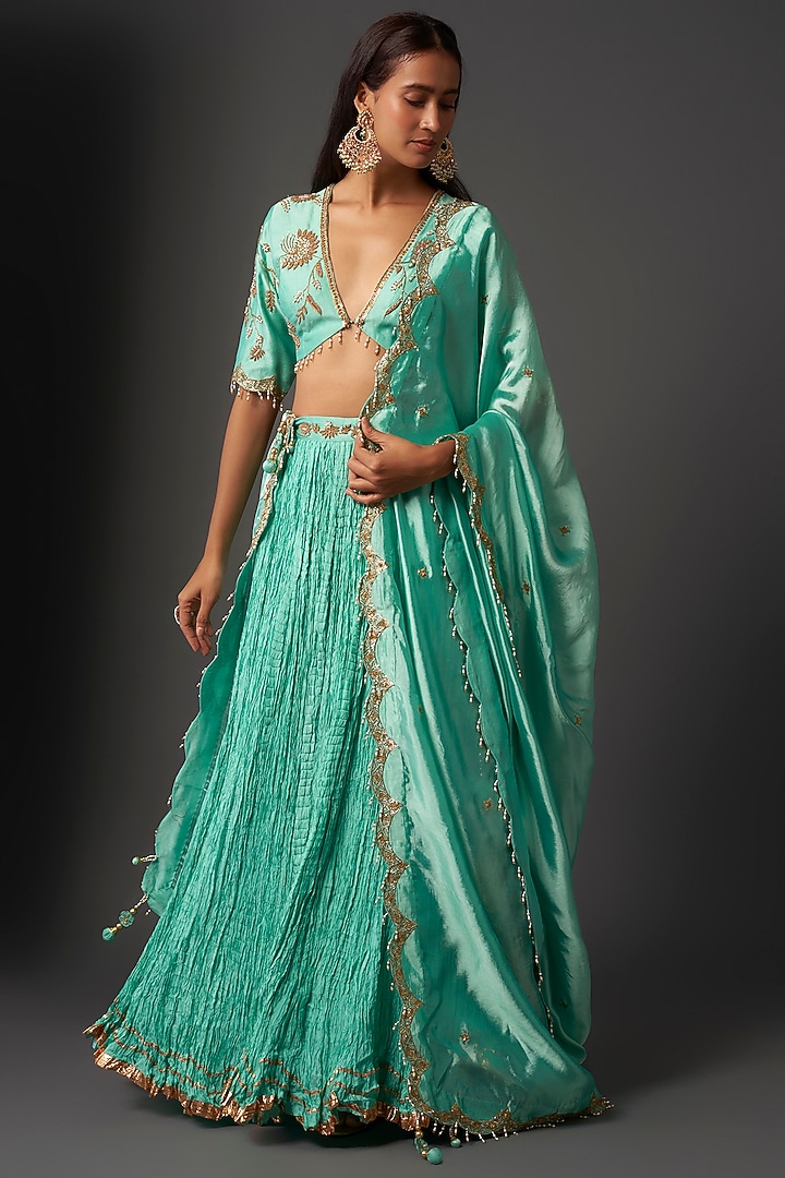 Blue Crushed Silk Embroidered Wedding Lehenga Set by Niti Bothra at Pernia's Pop Up Shop