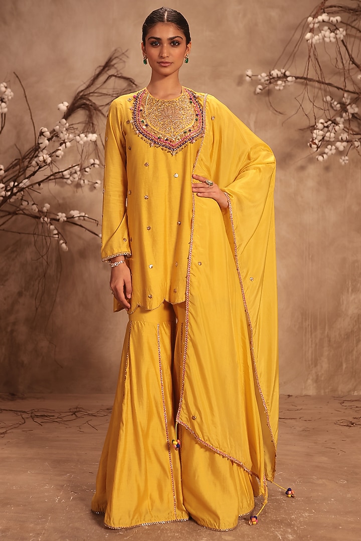 Dark Yellow Chiniya Silk Wedding Sharara Set by Niti Bothra at Pernia's Pop Up Shop