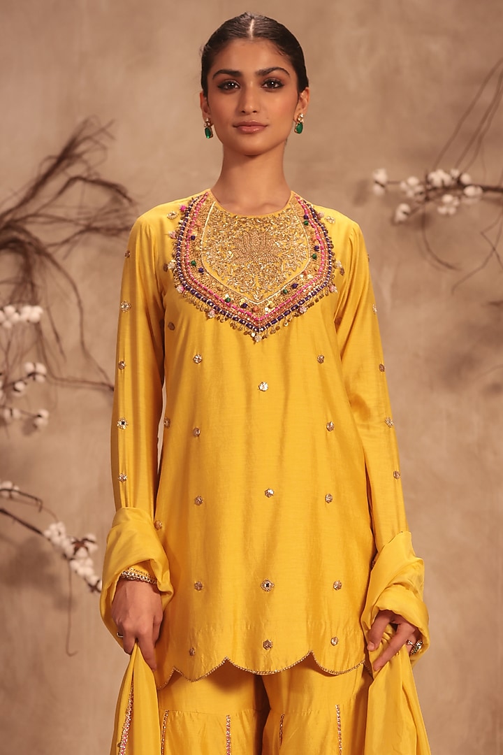 Dark Yellow Chiniya Silk Wedding Sharara Set by Niti Bothra at Pernia's Pop Up Shop