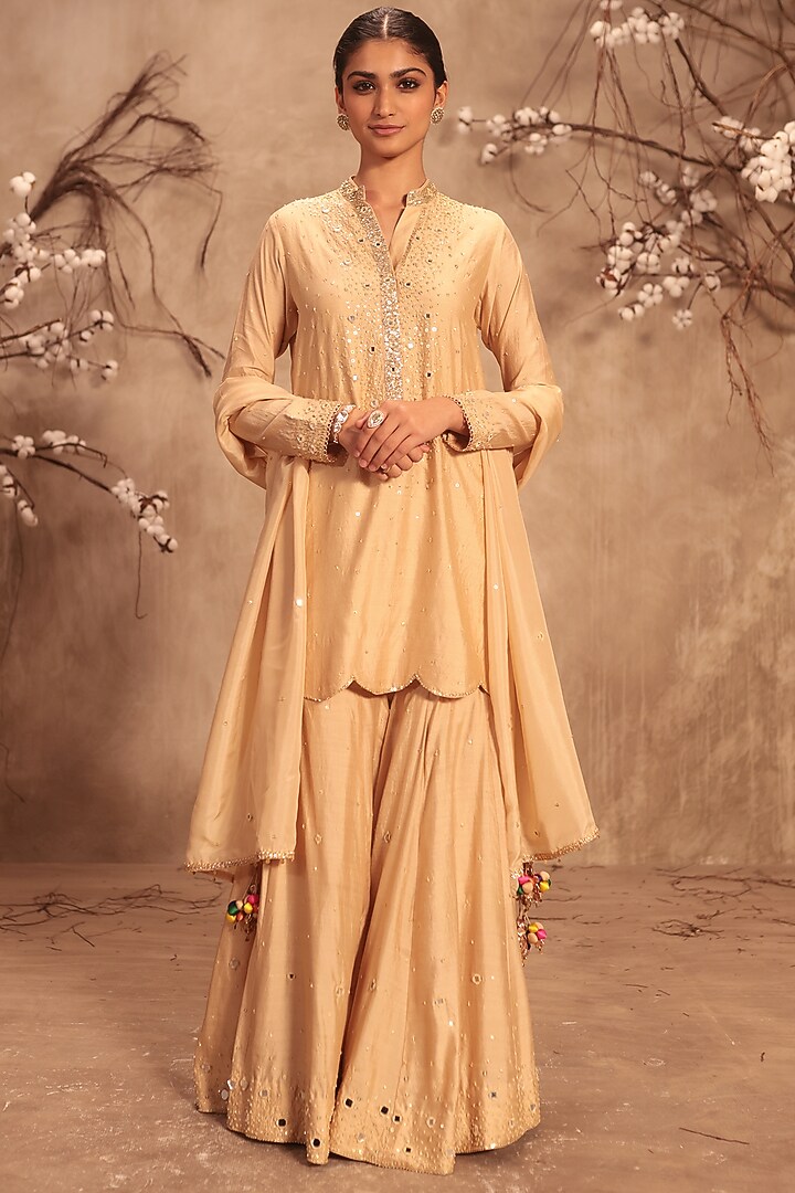 Ivory Chiniya Silk Embroidered Wedding Sharara Set by Niti Bothra at Pernia's Pop Up Shop