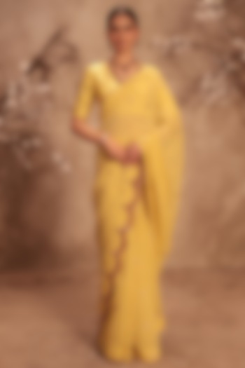 Yellow Tissue Zardosi Embroidered Saree Set by Niti Bothra at Pernia's Pop Up Shop