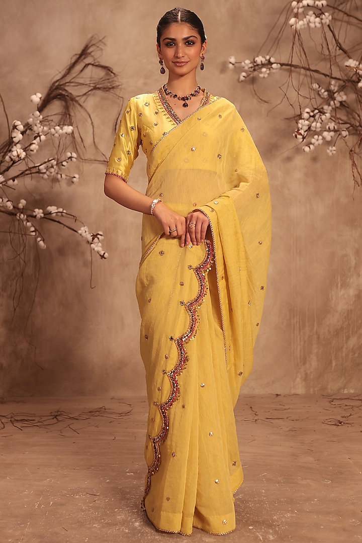 Yellow Tissue Zardosi Embroidered Saree Set by Niti Bothra at Pernia's Pop Up Shop
