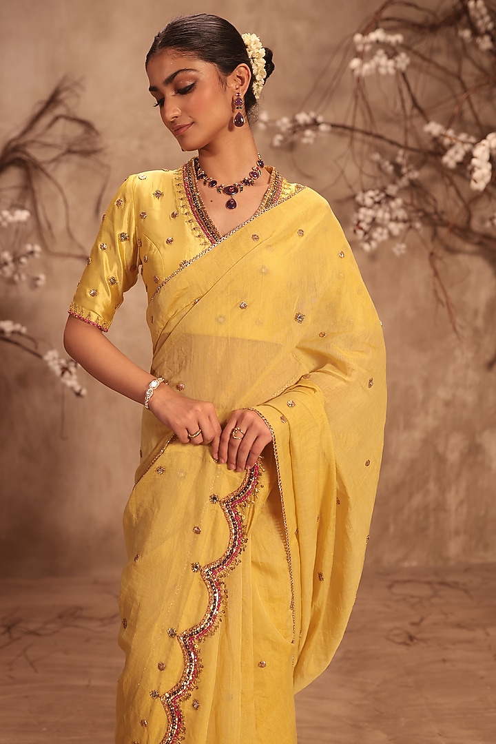 Yellow Tissue Zardosi Embroidered Saree Set by Niti Bothra at Pernia's Pop Up Shop