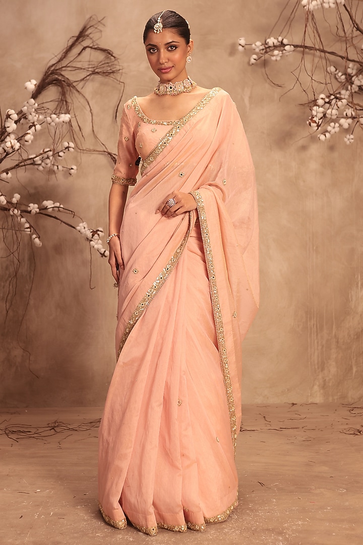 Light Pink Tissue Zardosi Embroidered Saree Set by Niti Bothra at Pernia's Pop Up Shop