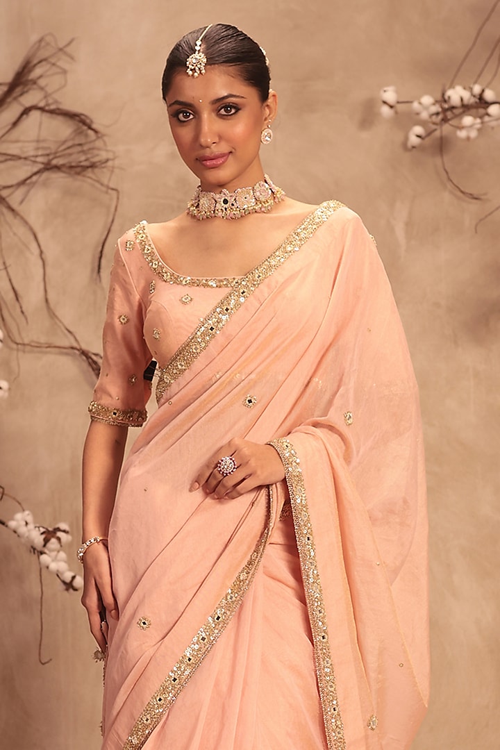 Light Pink Tissue Zardosi Embroidered Saree Set by Niti Bothra at Pernia's Pop Up Shop