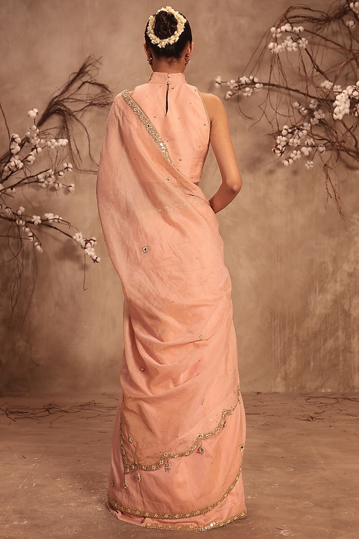 Light Pink Tissue Zardosi Embroidered Wedding Saree Set by Niti Bothra at Pernia's Pop Up Shop