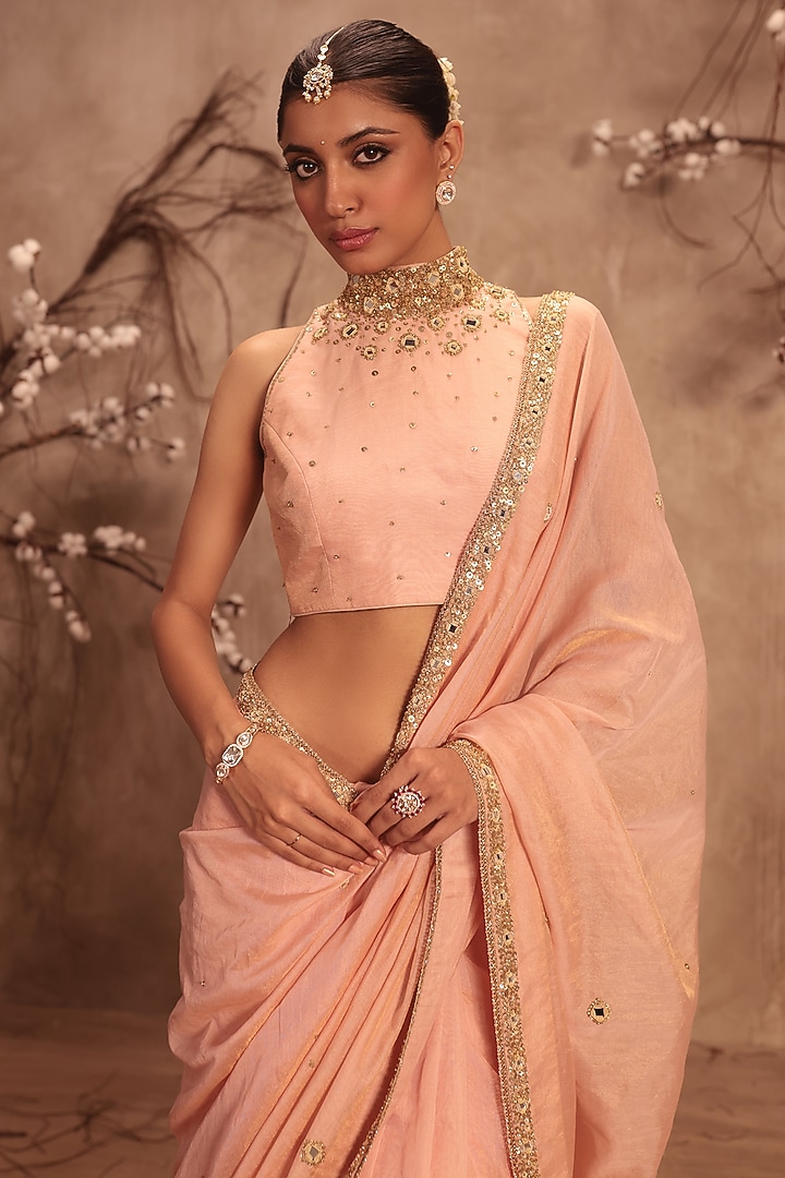 Light Pink Tissue Zardosi Embroidered Wedding Saree Set by Niti Bothra at Pernia's Pop Up Shop