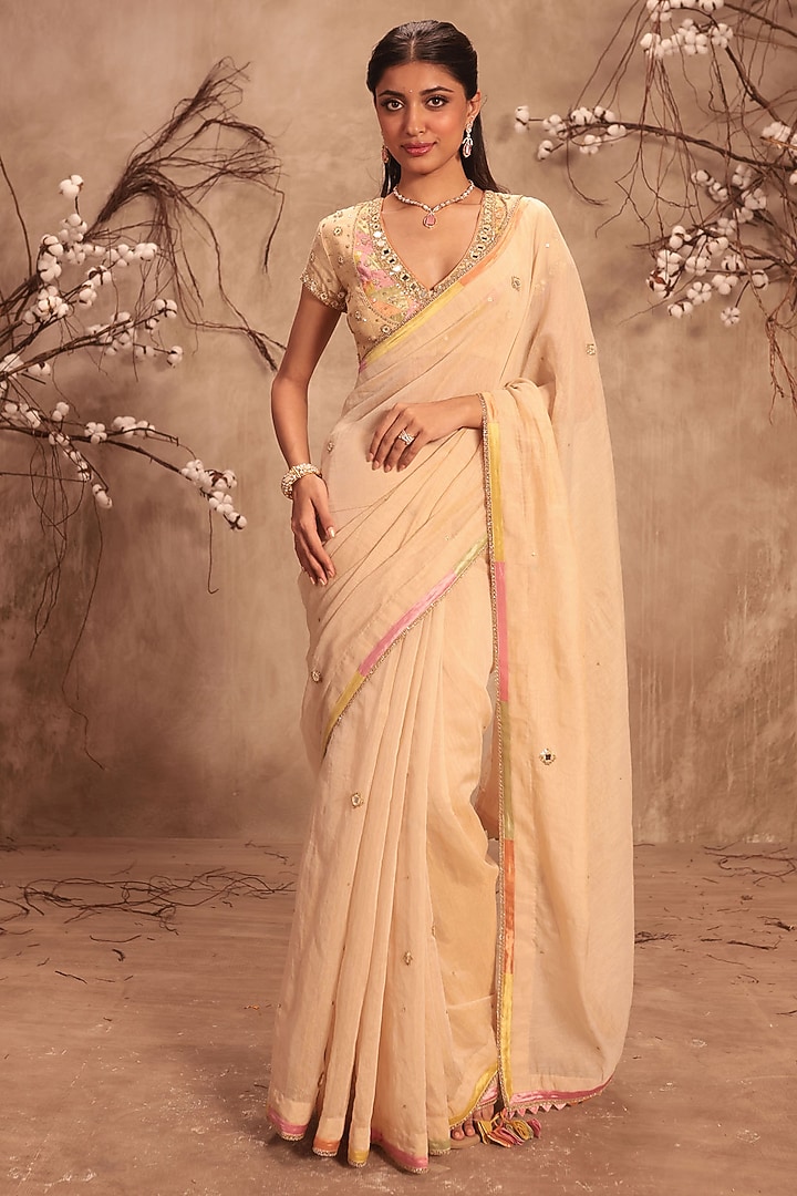 Ivory Tissue Zardosi Embroidered Wedding Saree Set by Niti Bothra at Pernia's Pop Up Shop