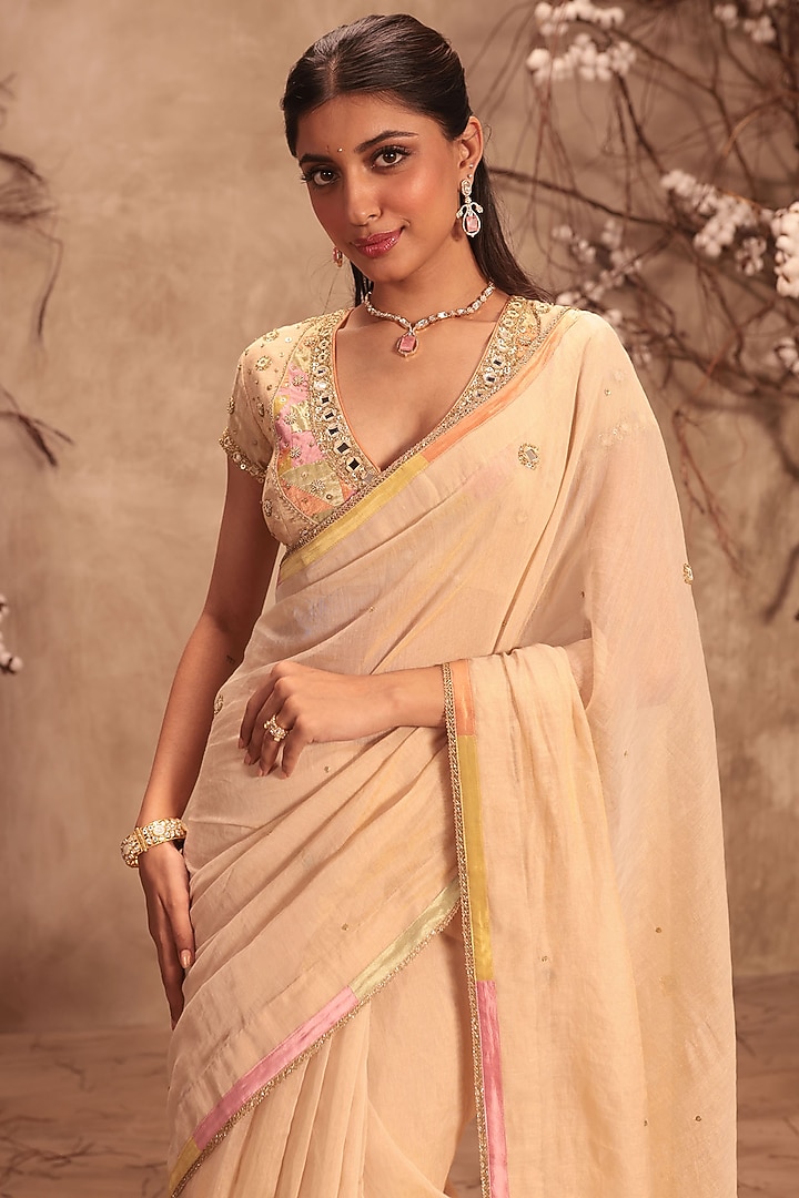 Ivory Tissue Zardosi Embroidered Wedding Saree Set by Niti Bothra at Pernia's Pop Up Shop