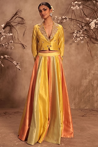Yellow Silk Embroidered Jacket Lehenga Set by Niti Bothra