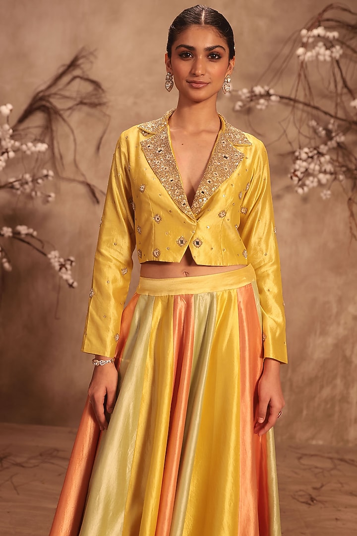 Yellow Silk Embroidered Jacket Wedding Lehenga Set by Niti Bothra at Pernia's Pop Up Shop