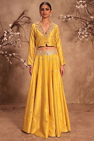 Yellow Silk Embroidered Jacket Lehenga Set by Niti Bothra