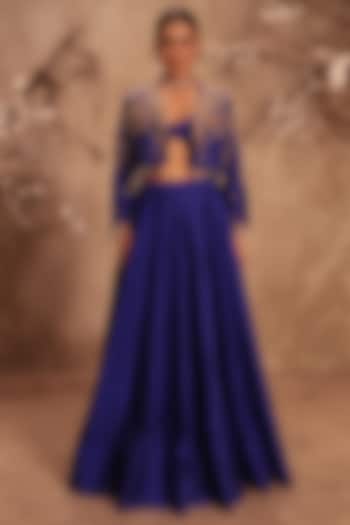 Blue Silk Zardosi Embroidered Jacket Wedding Lehenga Set by Niti Bothra at Pernia's Pop Up Shop