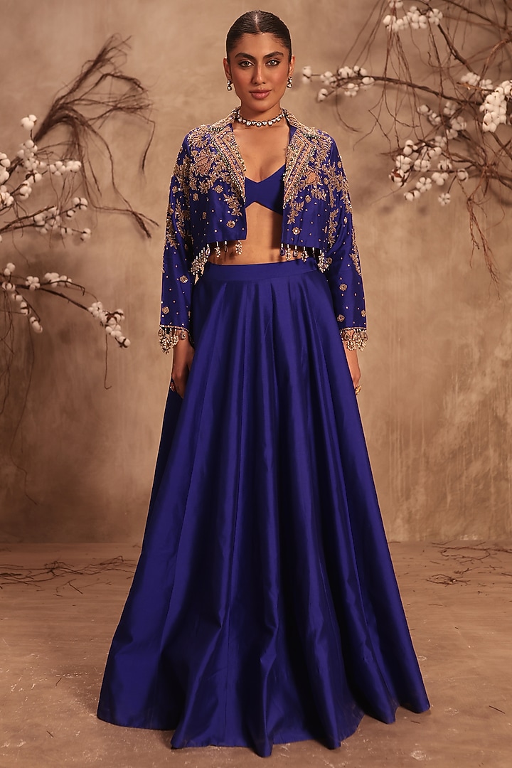 Blue Silk Zardosi Embroidered Jacket Wedding Lehenga Set by Niti Bothra at Pernia's Pop Up Shop