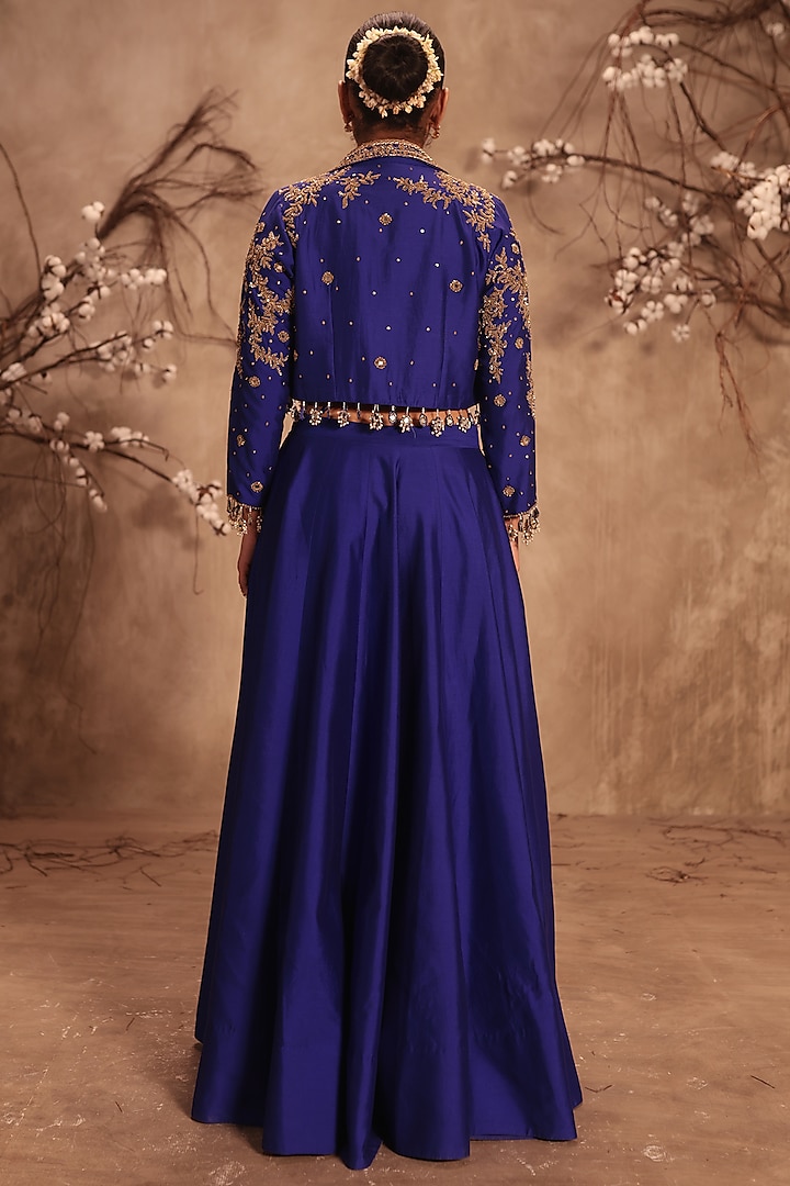 Blue Silk Zardosi Embroidered Jacket Wedding Lehenga Set by Niti Bothra at Pernia's Pop Up Shop