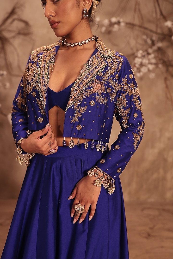 Blue Silk Zardosi Embroidered Jacket Wedding Lehenga Set by Niti Bothra at Pernia's Pop Up Shop