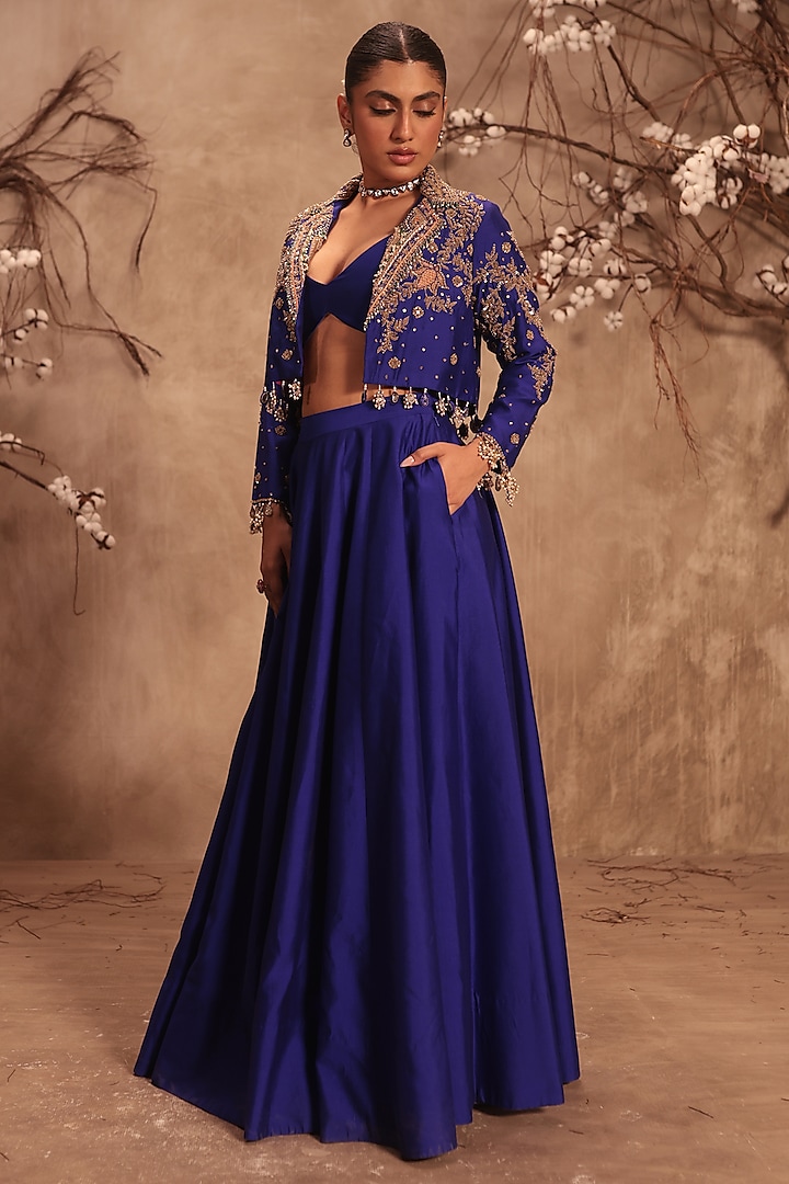 Blue Silk Zardosi Embroidered Jacket Wedding Lehenga Set by Niti Bothra at Pernia's Pop Up Shop