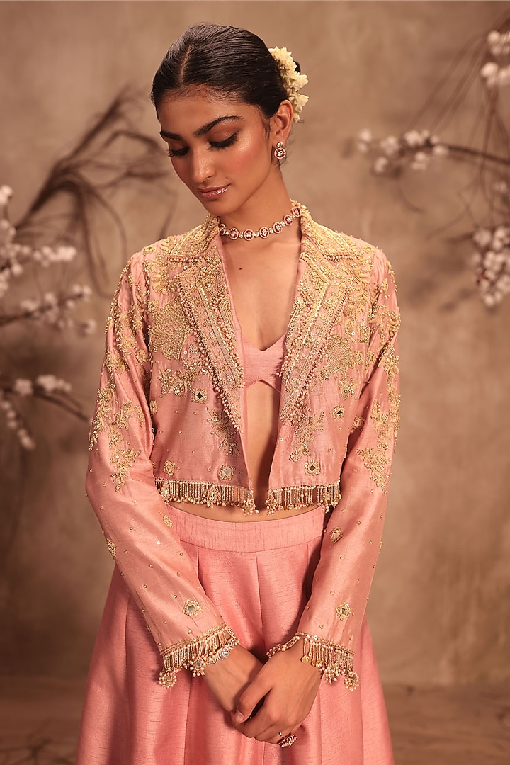 Light Pink Silk Zardosi Embroidered Jacket Wedding Lehenga Set by Niti Bothra at Pernia's Pop Up Shop