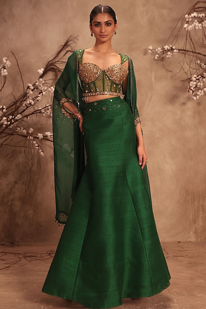 Green Raw Silk & Organza Cape Set by Niti Bothra at Pernia's Pop Up Shop