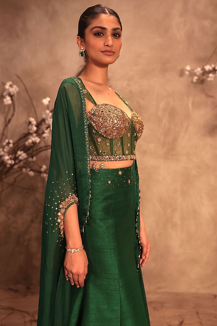 Green Raw Silk & Organza Cape Set by Niti Bothra at Pernia's Pop Up Shop