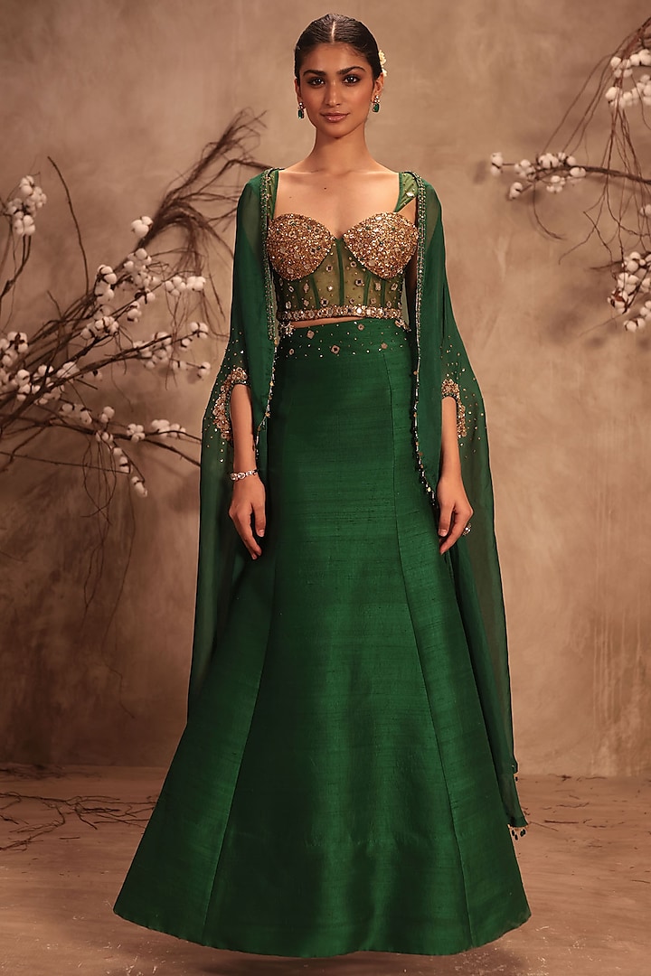 Green Raw Silk & Organza Cape Set by Niti Bothra at Pernia's Pop Up Shop
