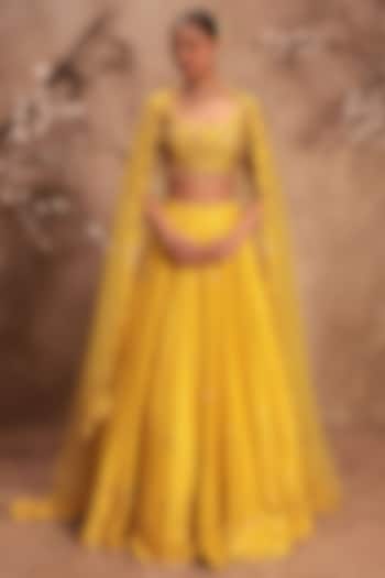 Yellow Kora Silk Zardosi Embroidered Wedding Lehenga Set by Niti Bothra at Pernia's Pop Up Shop