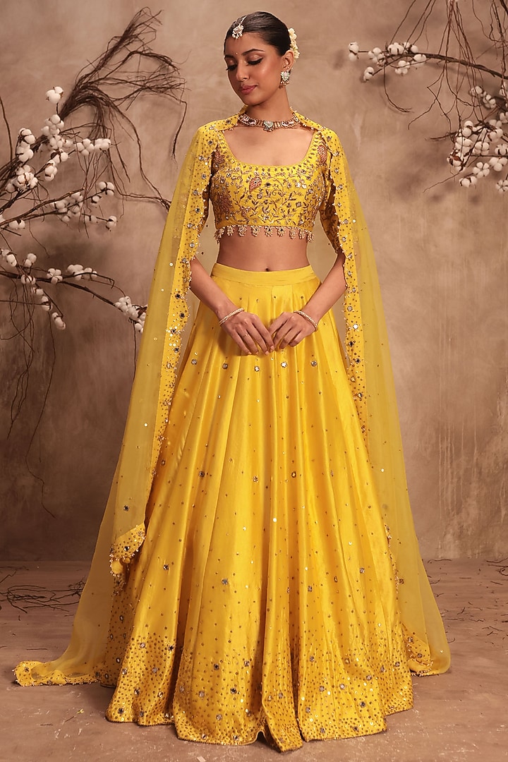 Yellow Kora Silk Zardosi Embroidered Wedding Lehenga Set by Niti Bothra at Pernia's Pop Up Shop