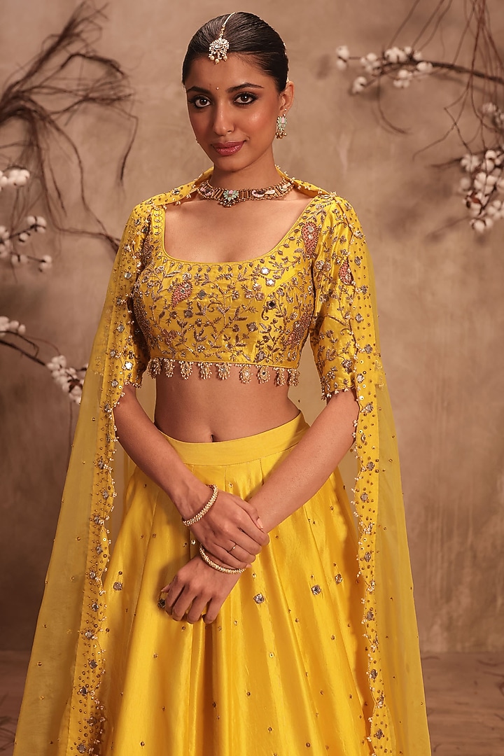 Yellow Kora Silk Zardosi Embroidered Wedding Lehenga Set by Niti Bothra at Pernia's Pop Up Shop