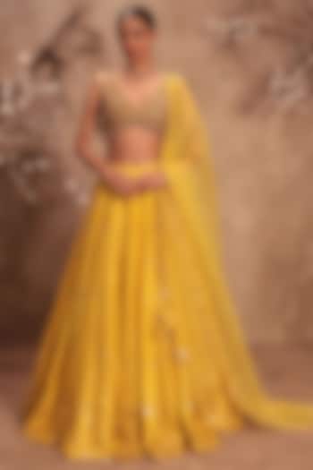 Yellow Kora Silk Zardosi Embroidered Wedding Lehenga Set by Niti Bothra at Pernia's Pop Up Shop