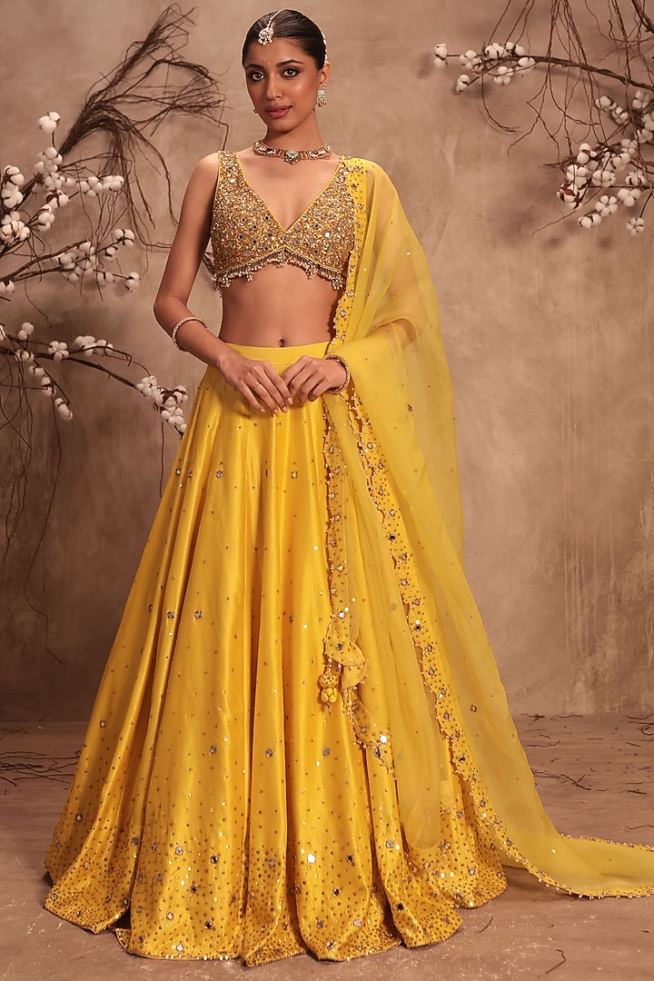 Yellow Kora Silk Zardosi Embroidered Wedding Lehenga Set by Niti Bothra at Pernia's Pop Up Shop