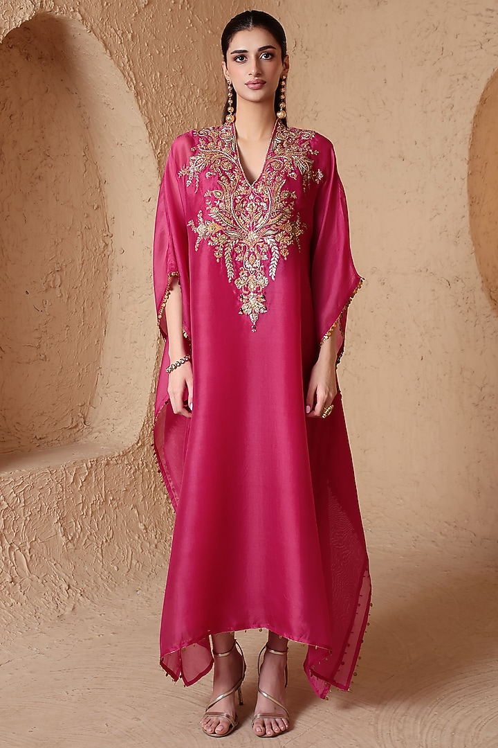 Pink Organza Resham Embroidered Kaftan by Niti Bothra at Pernia's Pop Up Shop