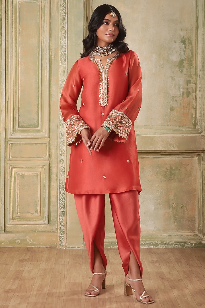 Orange Organza Zardosi Embroidered Kurta Set by Niti Bothra at Pernia's Pop Up Shop
