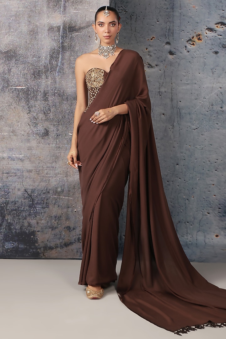 Brown Bemberg Satin Reception Saree Set by Niti Bothra at Pernia's Pop Up Shop
