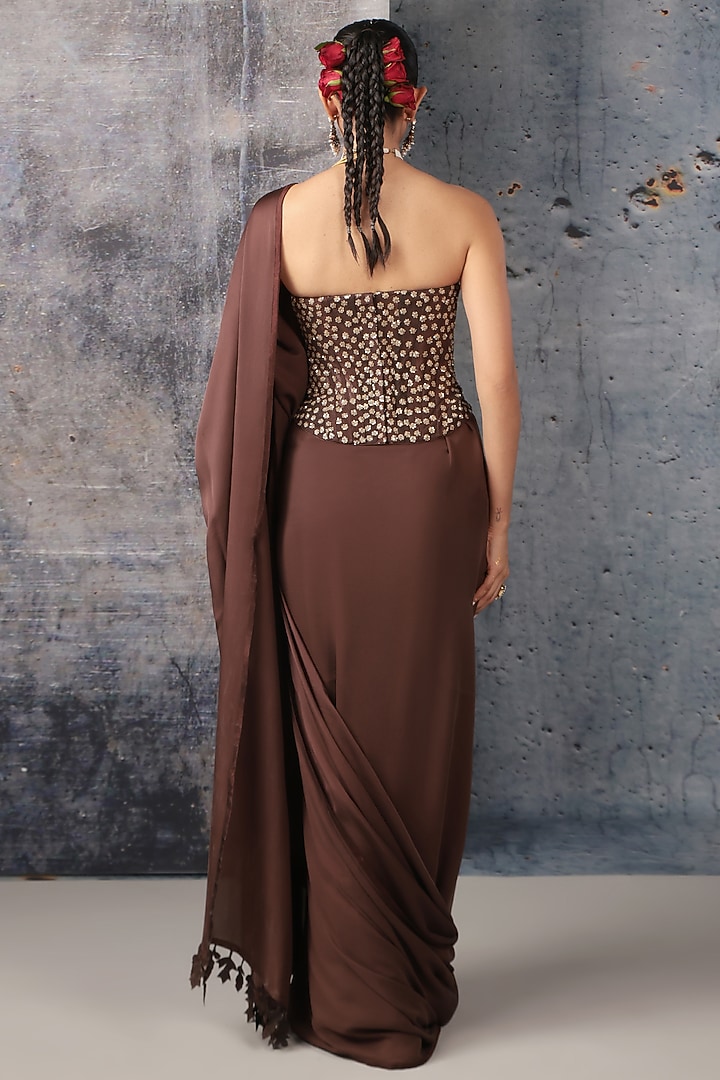 Brown Bemberg Satin Reception Saree Set by Niti Bothra at Pernia's Pop Up Shop