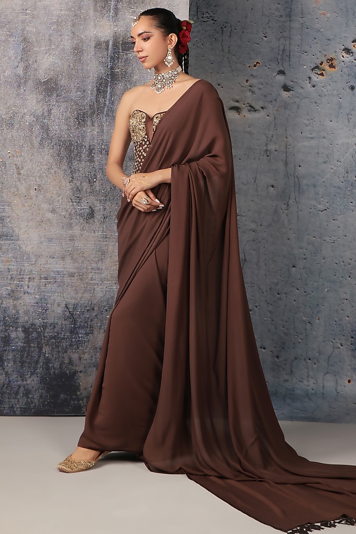Brown Bemberg Satin Reception Saree Set by Niti Bothra at Pernia's Pop Up Shop