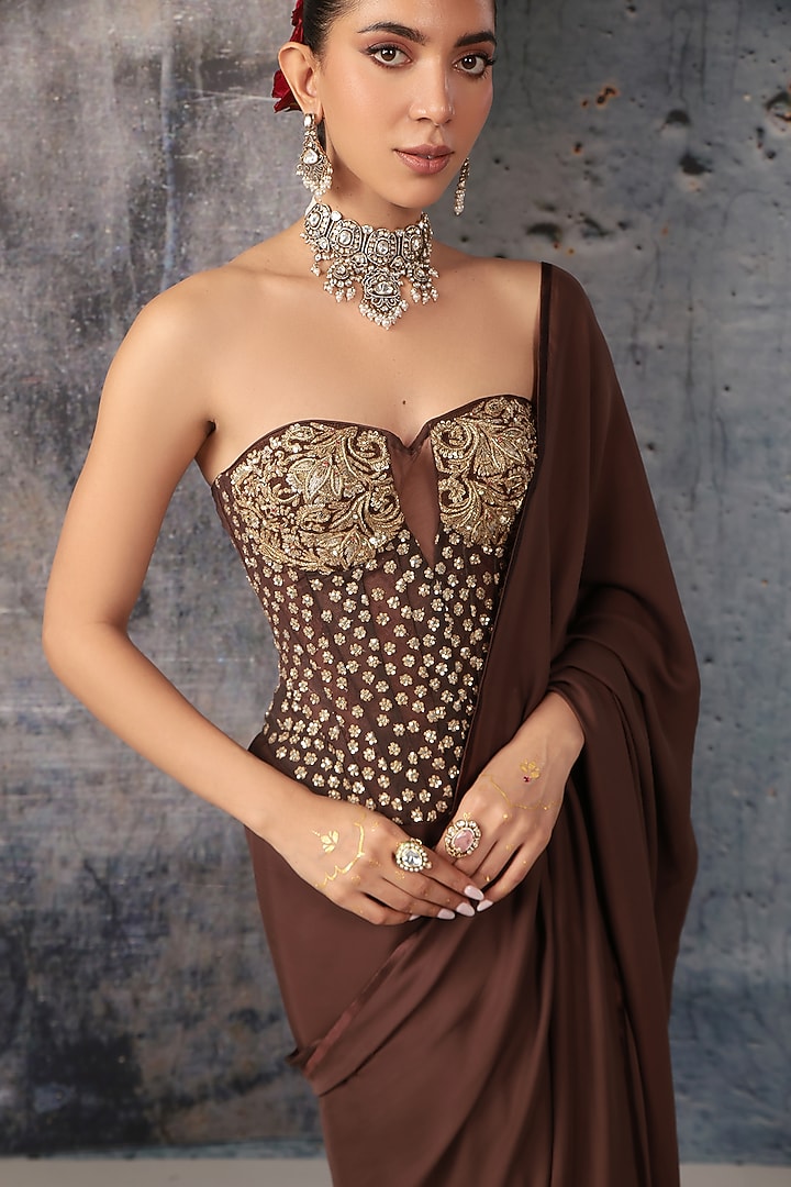 Brown Bemberg Satin Reception Saree Set by Niti Bothra at Pernia's Pop Up Shop