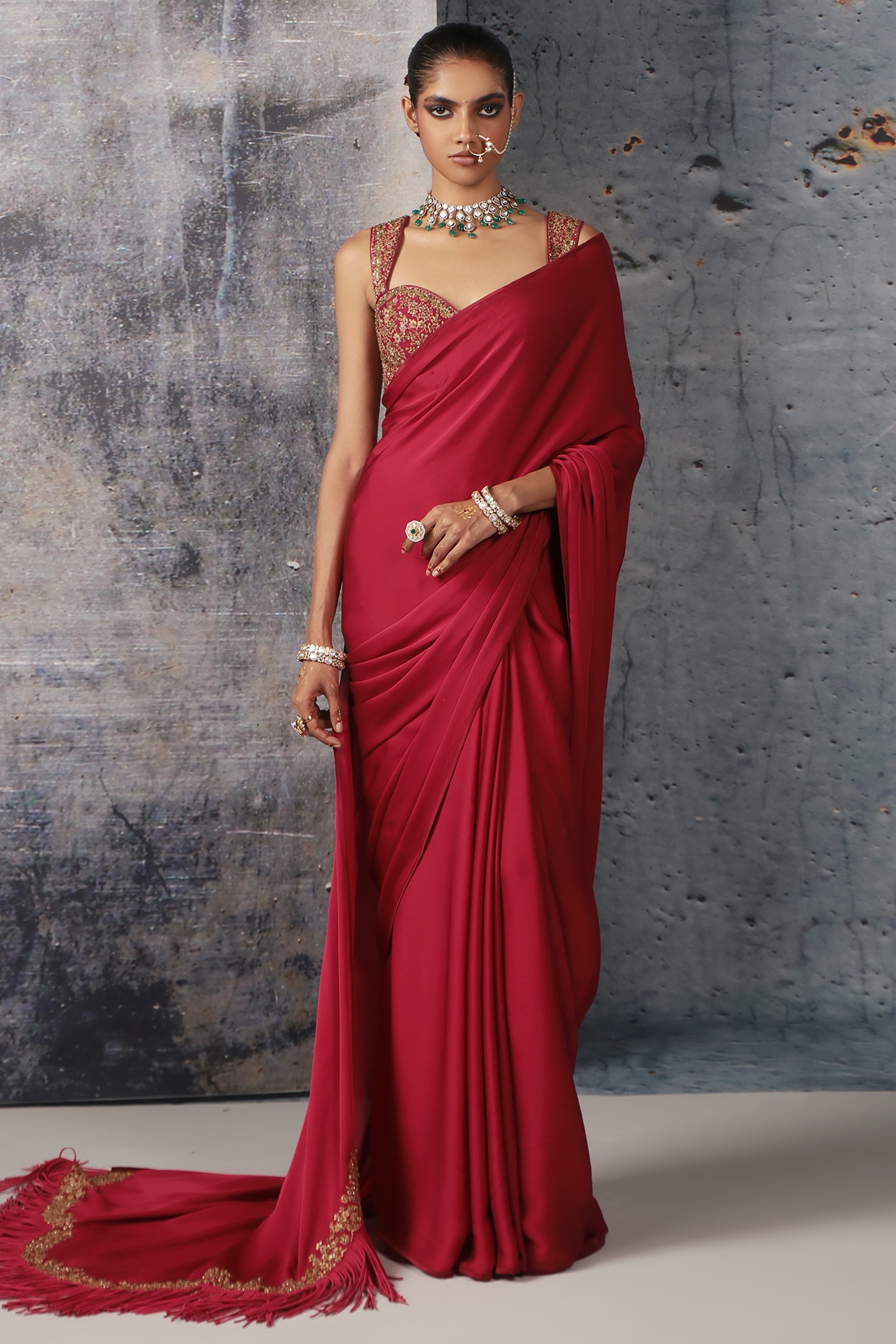 Niti Bothra Maroon Bemberg Satin & Chiniya Silk Zari Embroidered Saree Set