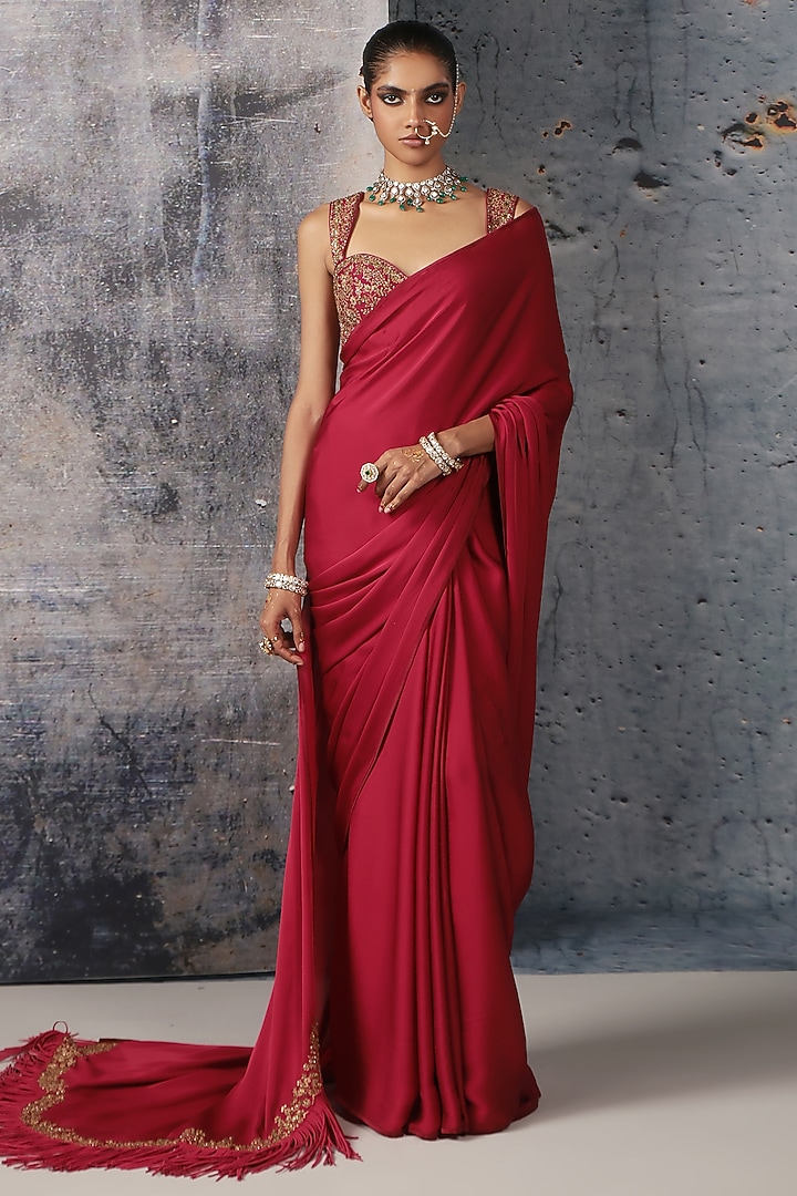 Maroon Bemberg Satin & Chiniya Silk Zari Embroidered Wedding Saree Set by Niti Bothra at Pernia's Pop Up Shop