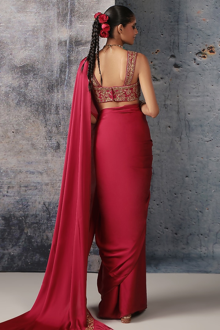 Maroon Bemberg Satin & Chiniya Silk Zari Embroidered Wedding Saree Set by Niti Bothra at Pernia's Pop Up Shop