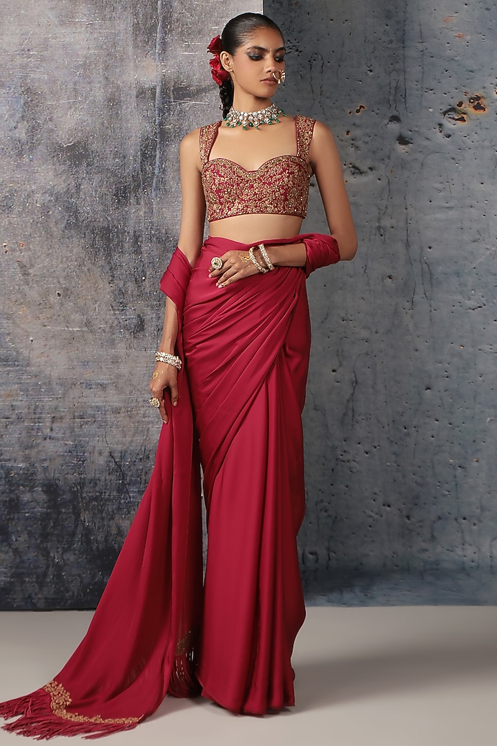 Maroon Bemberg Satin & Chiniya Silk Zari Embroidered Wedding Saree Set by Niti Bothra at Pernia's Pop Up Shop