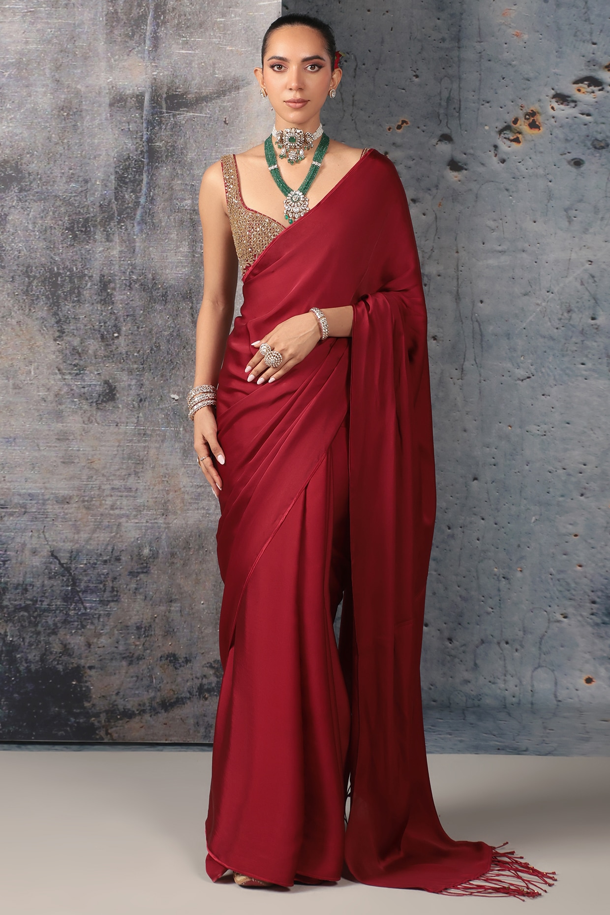 Niti Bothra Maroon Bemberg Satin & Kora Silk Zari Embroidered Saree Set