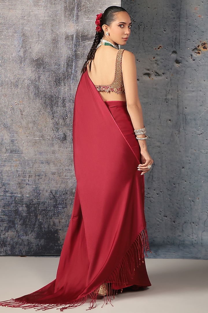 Maroon Bemberg Satin & Kora Silk Zari Embroidered Wedding Saree Set by Niti Bothra at Pernia's Pop Up Shop