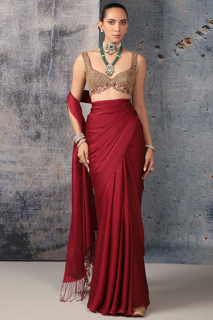 Maroon Bemberg Satin & Kora Silk Zari Embroidered Wedding Saree Set by Niti Bothra at Pernia's Pop Up Shop