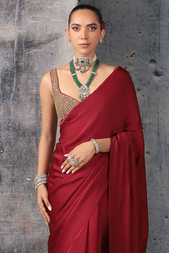Maroon Bemberg Satin & Kora Silk Zari Embroidered Wedding Saree Set by Niti Bothra at Pernia's Pop Up Shop