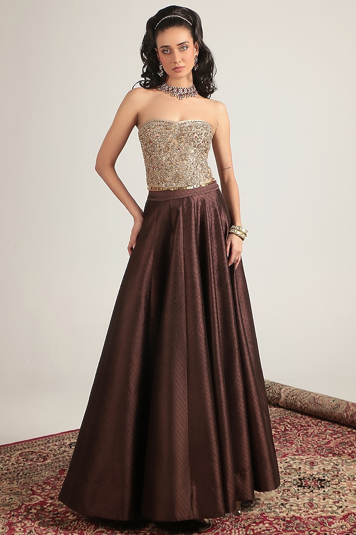 Brown Chiniya Silk & Kora Silk Skirt Set by Niti Bothra at Pernia's Pop Up Shop