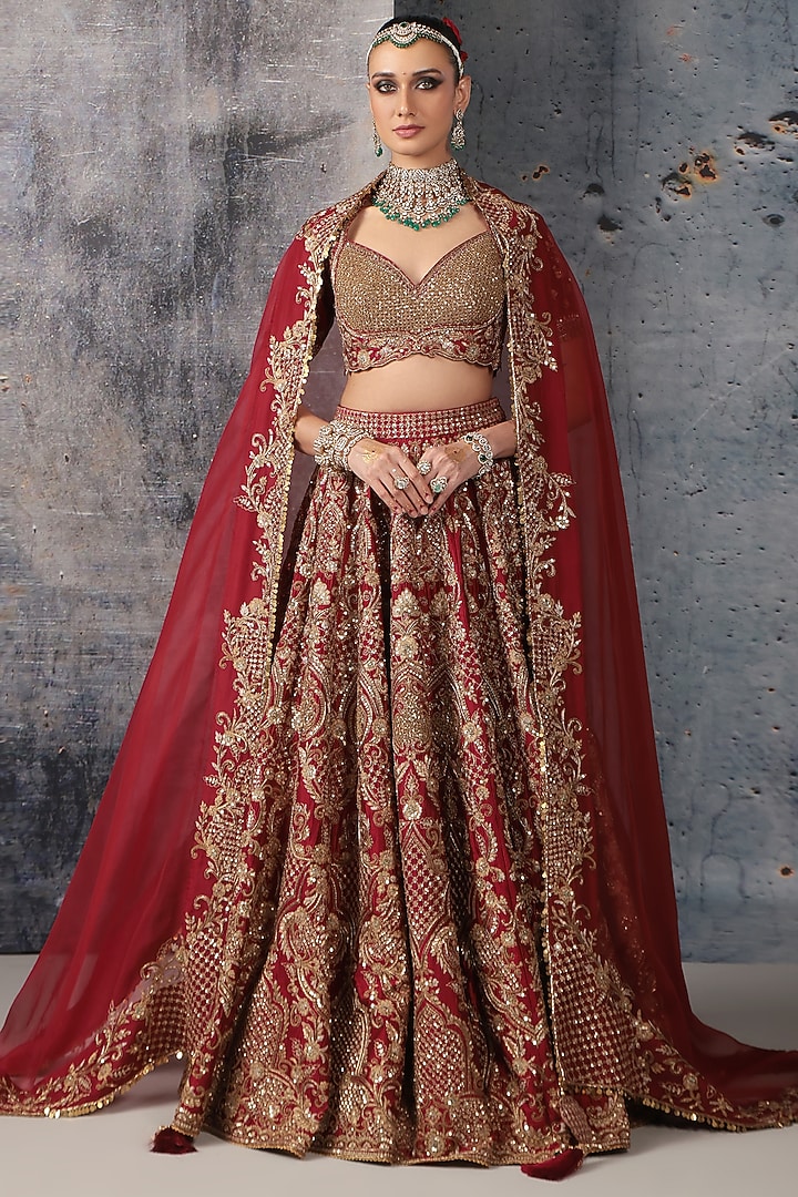 Maroon Kora Silk & Organza Zardosi Embroidered Bridal Lehenga Set by Niti Bothra at Pernia's Pop Up Shop